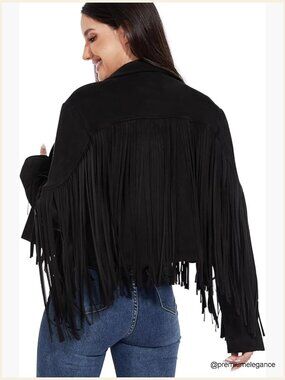 Fringe Leather Jacket Western Cropped Coat Women's S-XXL